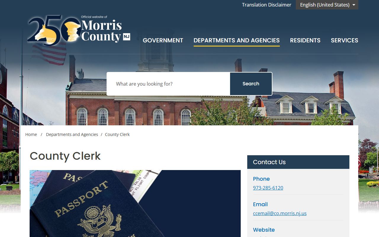 Morris County Clerk page showing land records and services separate from court records