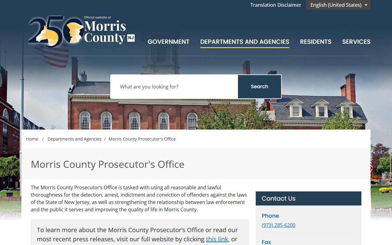 Morris County Prosecutor's Office page tied to arrest and criminal records