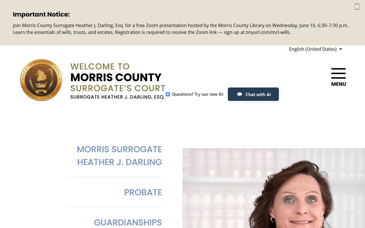 Morris County Surrogate page for probate records, wills, and estates