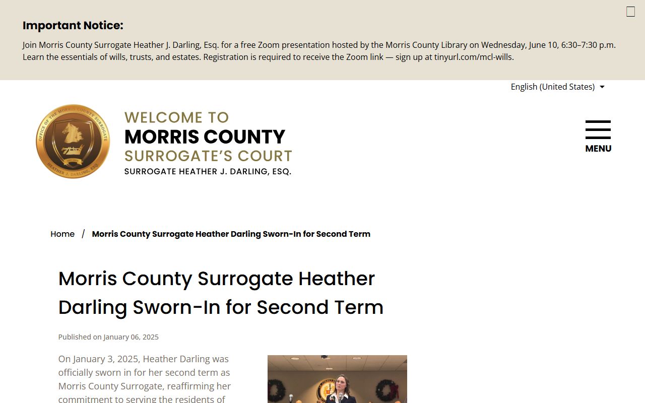 Official release on Morris County Surrogate Darling's second term and probate modernization
