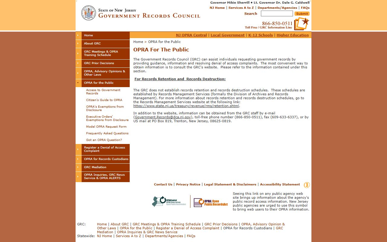 New Jersey GRC page explaining N.J.S.A. 47 OPRA for Morris County public records