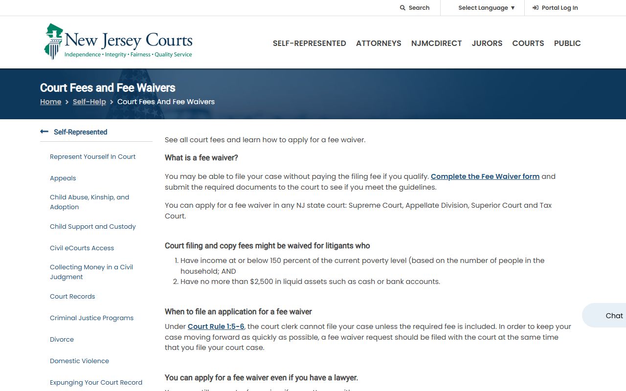 NJ Courts fee-waiver page for Morris County court record copy requests