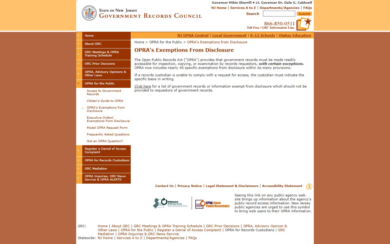 GRC official list of OPRA exemptions affecting Morris County public records