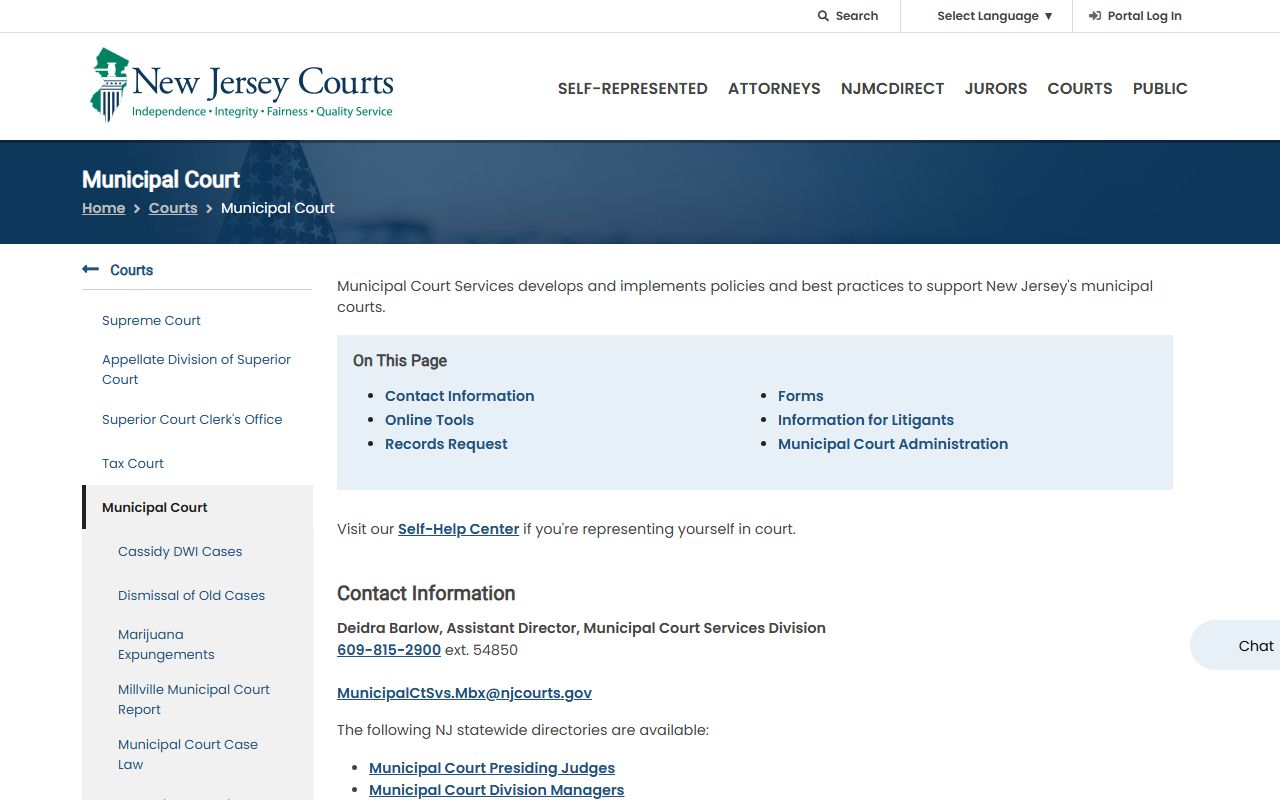 New Jersey Municipal Court page for Morris County traffic and local dockets