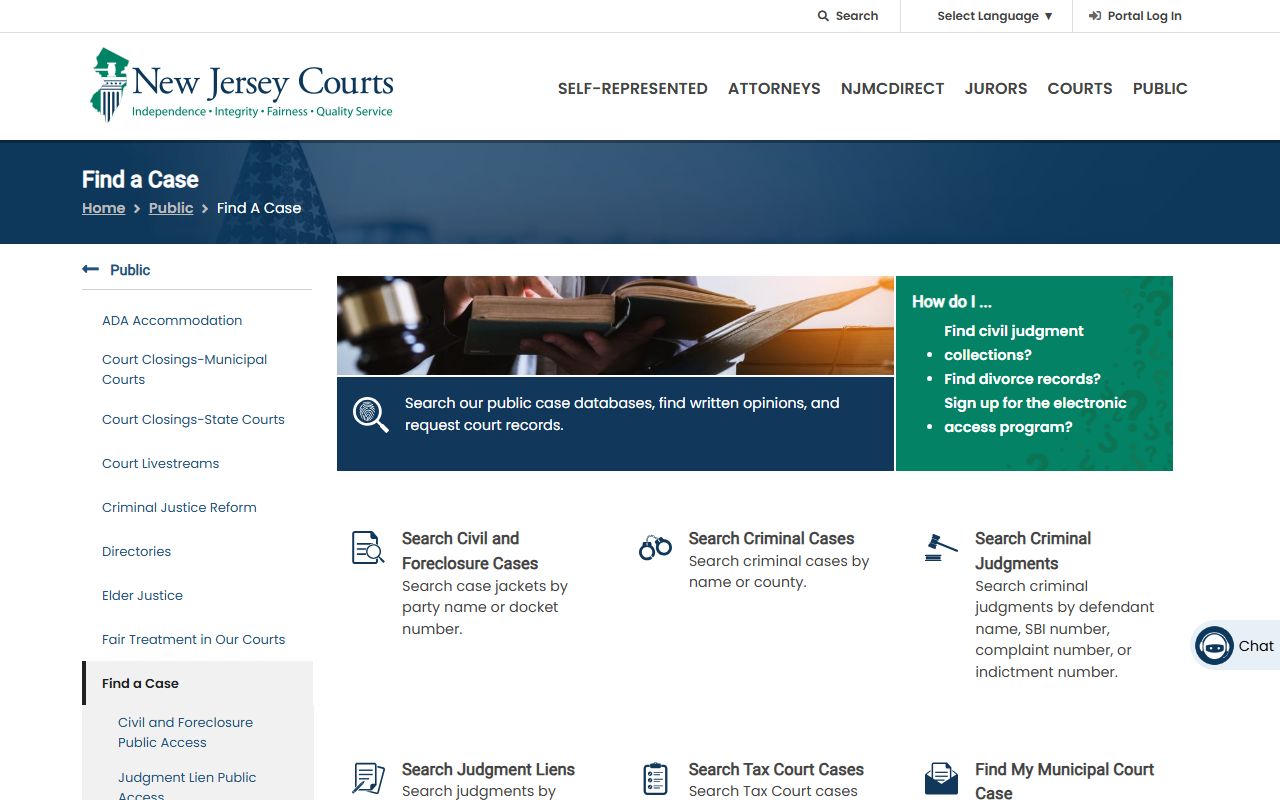 New Jersey Courts Find a Case page used to search Morris County court records
