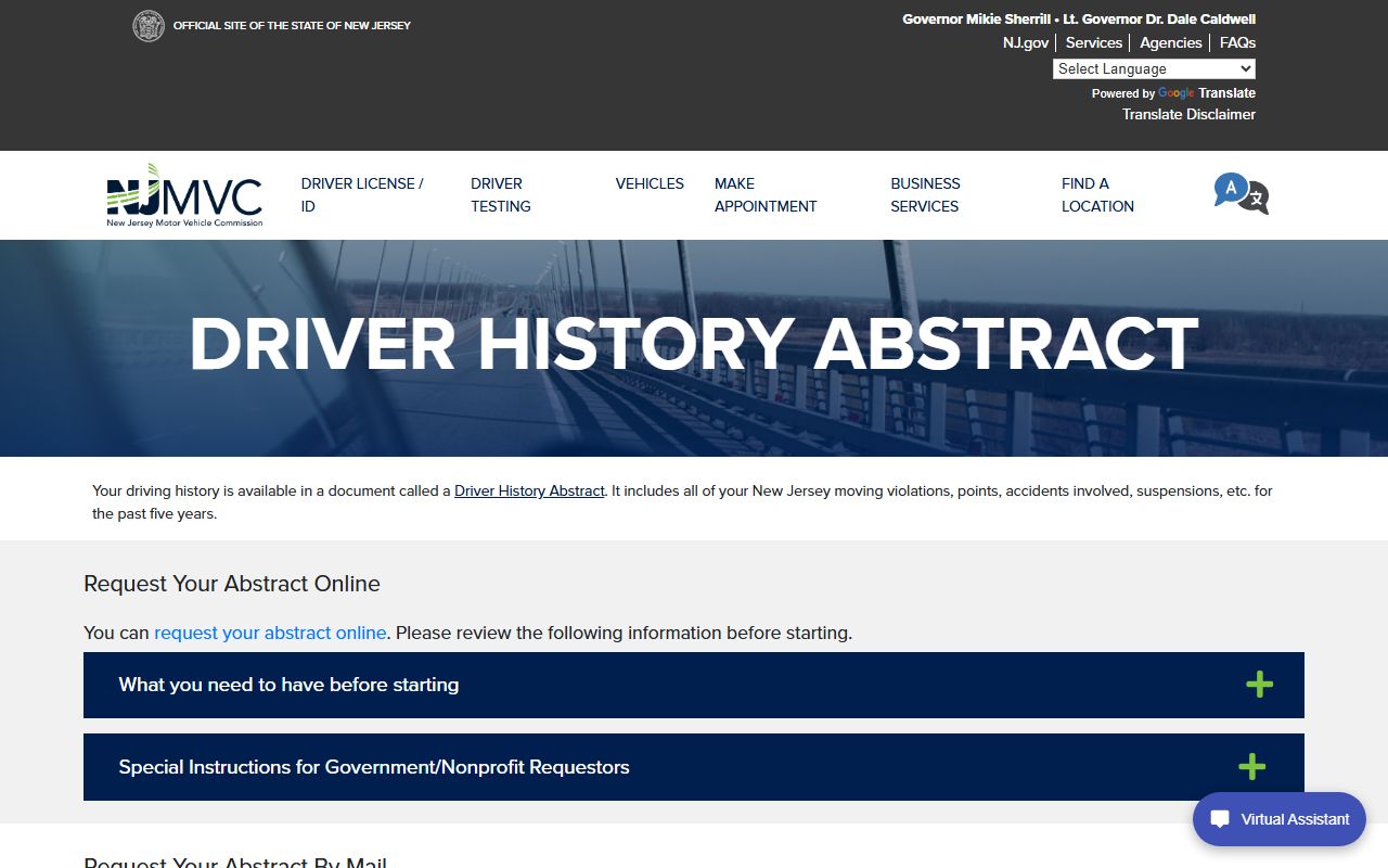 New Jersey MVC driver history abstract page, separate from Morris County traffic court records