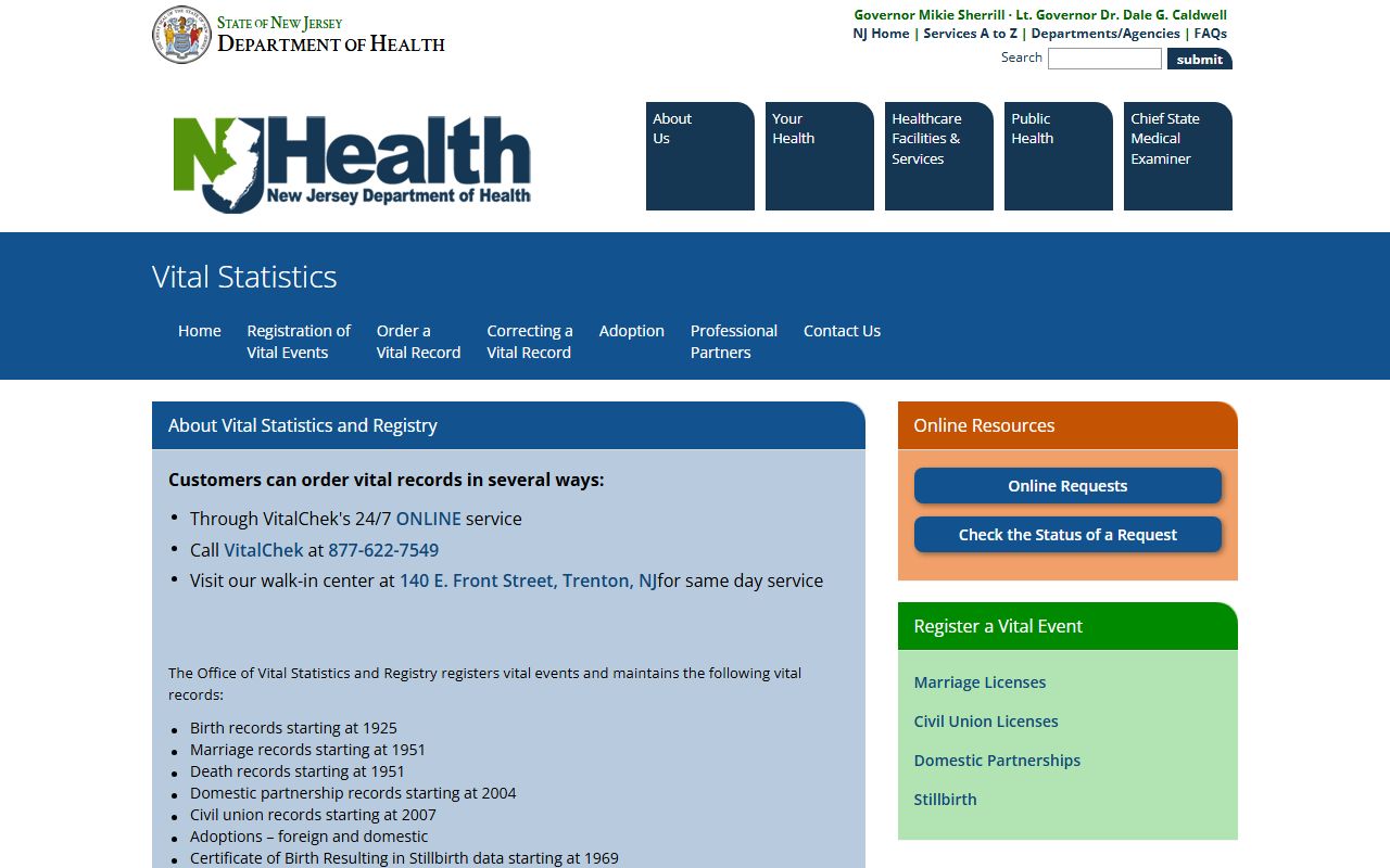 New Jersey Office of Vital Statistics page for Morris County marriage records