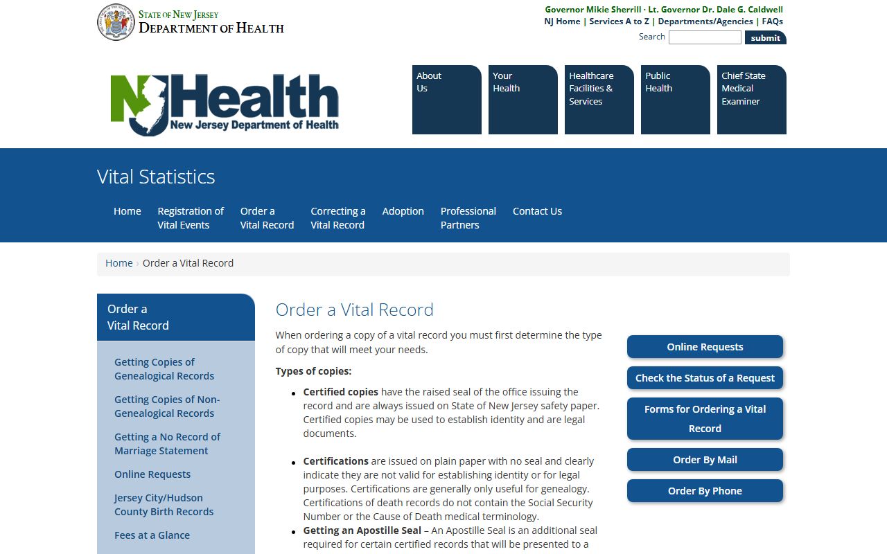 New Jersey vital-record ordering page for certified Morris County marriage copies